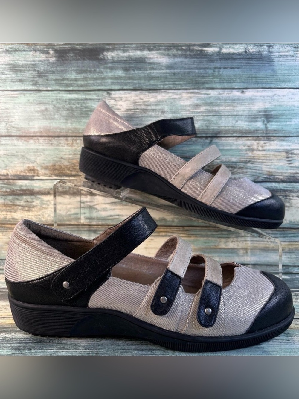 Gravity Defyer Mary Jane Womens 7.5 Metallic Gray Black Leather Hook & Loop Shoe